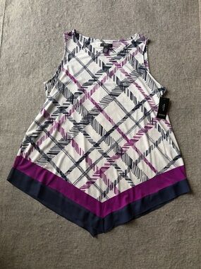 Alfani White Plaid Tank with Purple & Navy Chevron Hem